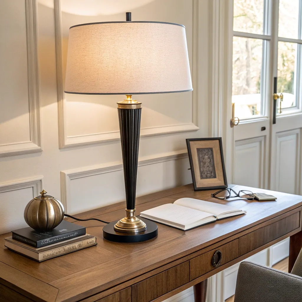A sophisticated table lamp on a modern wooden desk